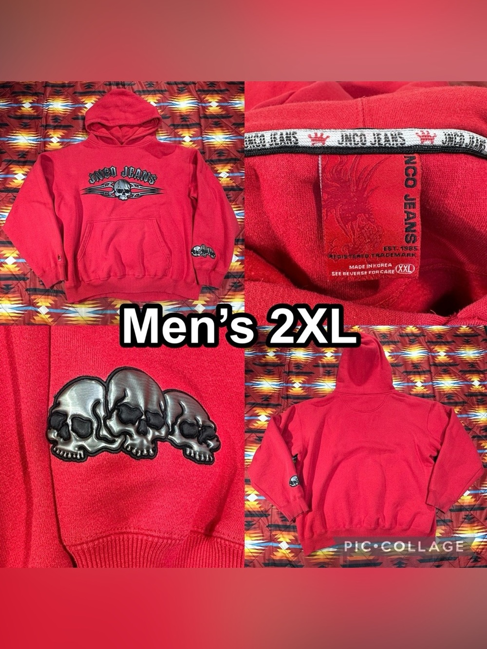 Vintage JNCO Jeans Skull Logo Red Pullover Hoodie Sweater Men’s Size 2XL